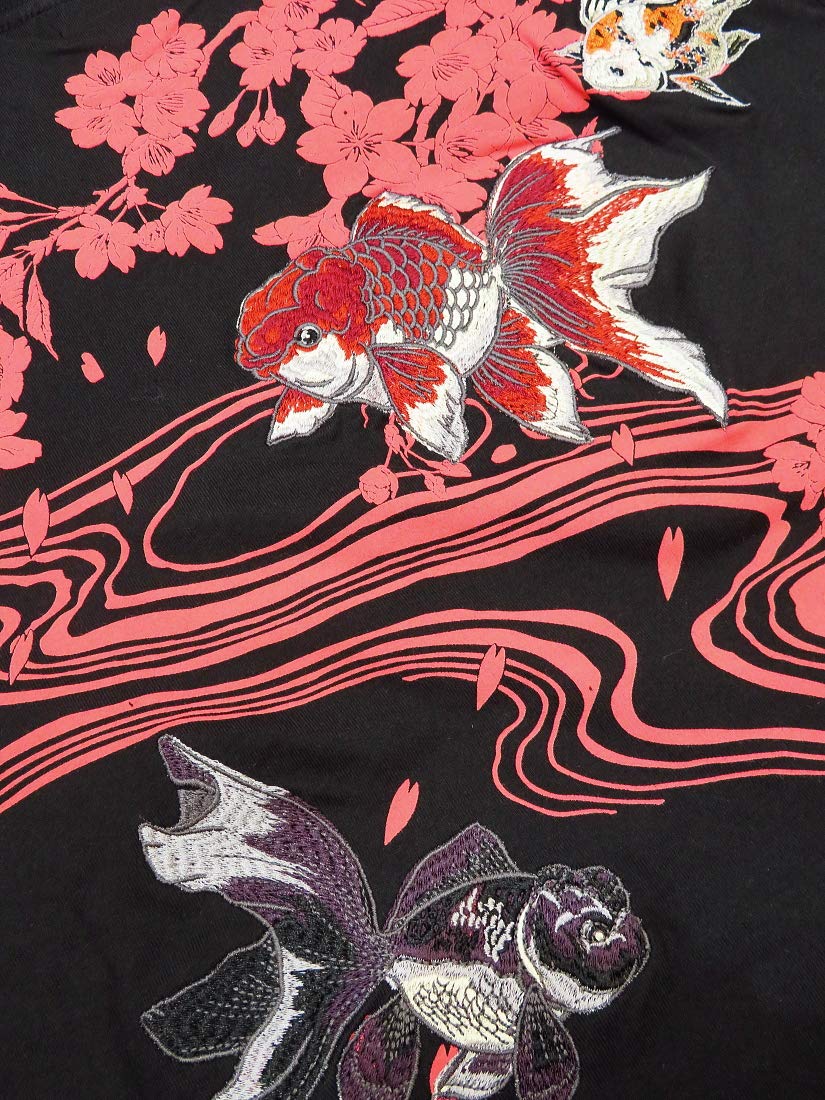 金魚刺繍の黒　半袖カットソー　38 Amazon | [義若] 金魚刺繍（黒）和柄半袖Tシャツ 絡繰魂（L